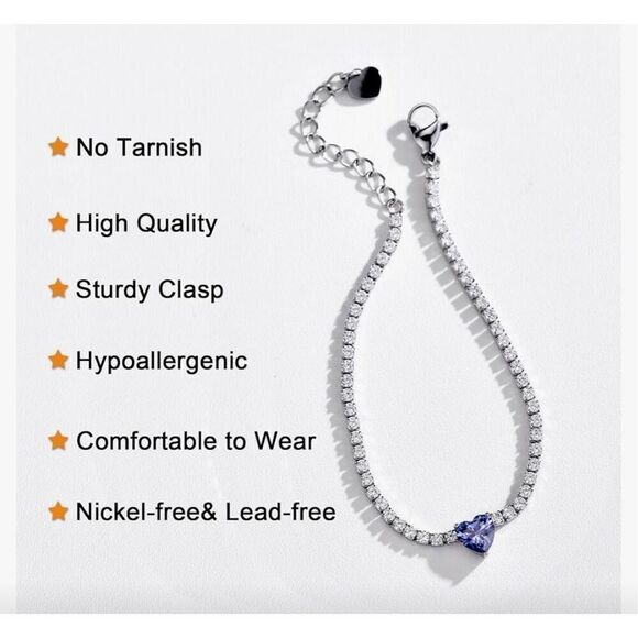 AllenCOCO Heart Birthstone Sterling Silver Bracelet Hypoallergenic 14K White Gol - Picture 2 of 6